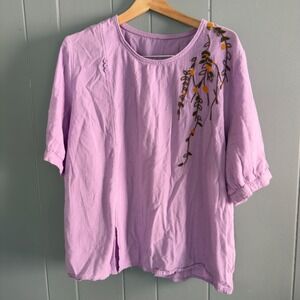 Lavender embroidered linen blend blouse 2XL purple‎ floral boho cottagecore top